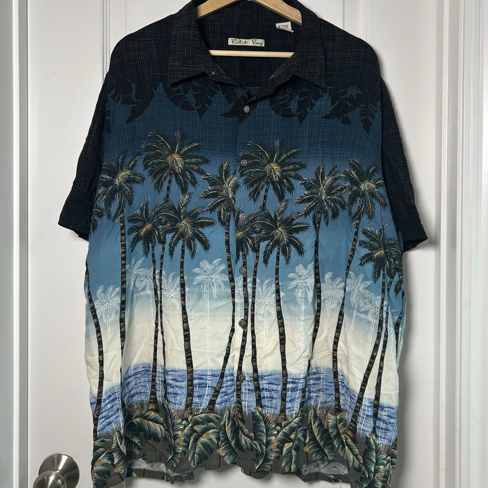 Batek Bay Vintage 90s Rayon Palm Tree Tropical Scenic Print Hawaiian Aloha Shirt